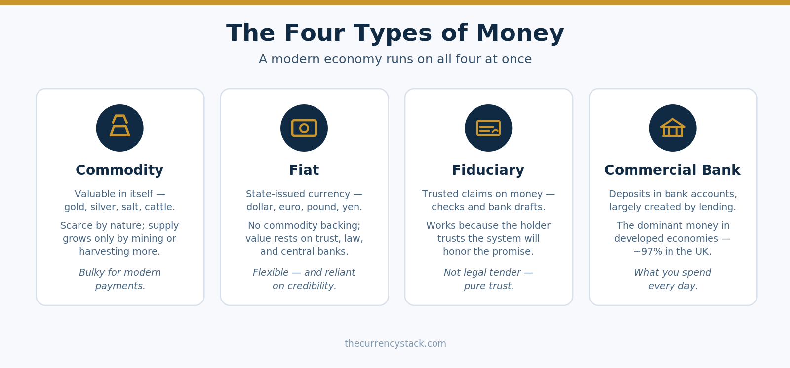 Infographic showing the four types of money: commodity, fiat, fiduciary, and commercial bank money