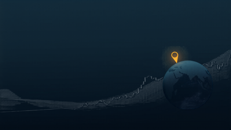 Abstract dark-navy globe with an amber location pin over a candlestick-chart horizon, illustrating spot trading across global markets