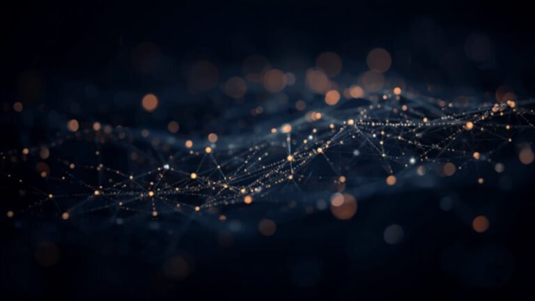Abstract lattice of glowing amber and blue light points connected by luminous lines against dark navy, suggesting a decentralized digital network
