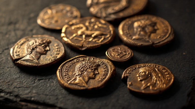 Worn ancient coins with faded portrait motifs on dark slate under warm low light, photographed like museum artifacts