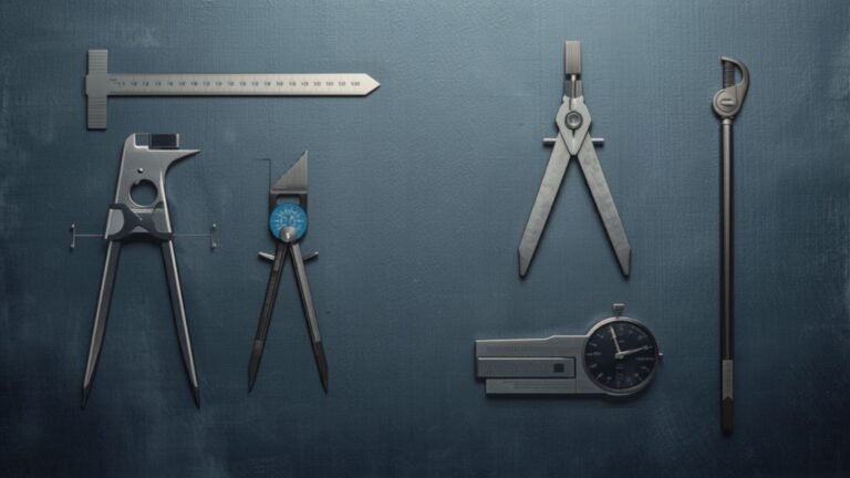 An overhead flat-lay of precision drafting and measuring instruments — dividers, a compass, calipers and a rule — arranged on a dark slate surface.