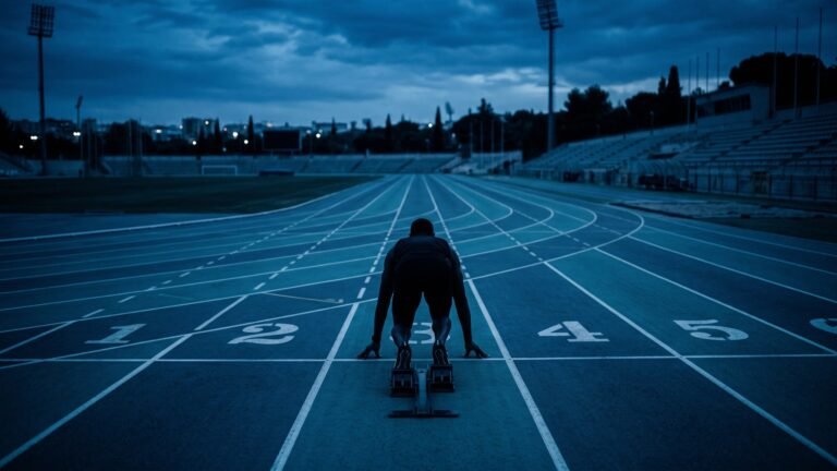 A lone sprinter in the set position on starting blocks, seen from behind on an empty blue running track at dusk, coiled and waiting for the start.