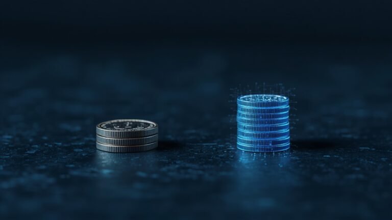 A small stack of silver coins on a dark slate surface beside an identical stack rendered as a glowing translucent blue holographic wireframe — a physical dollar and its digital twin.