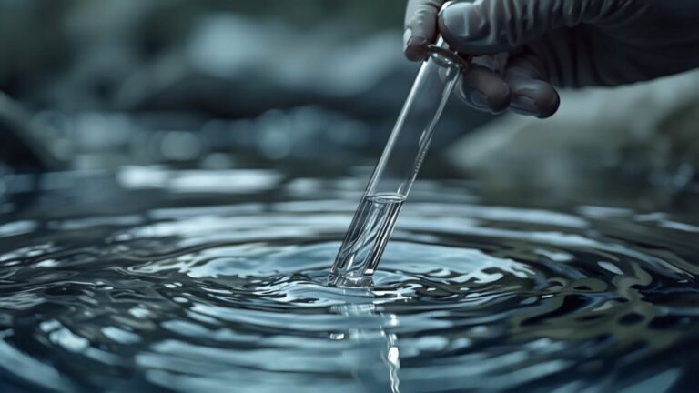 A gloved hand dips a clear glass sample vial into rippling water to test it