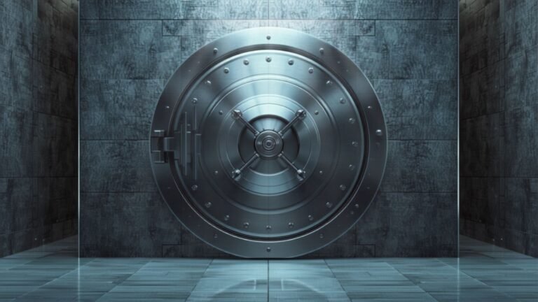 A large polished steel bank vault door, closed, in a tiled institutional hall lit by cool daylight.