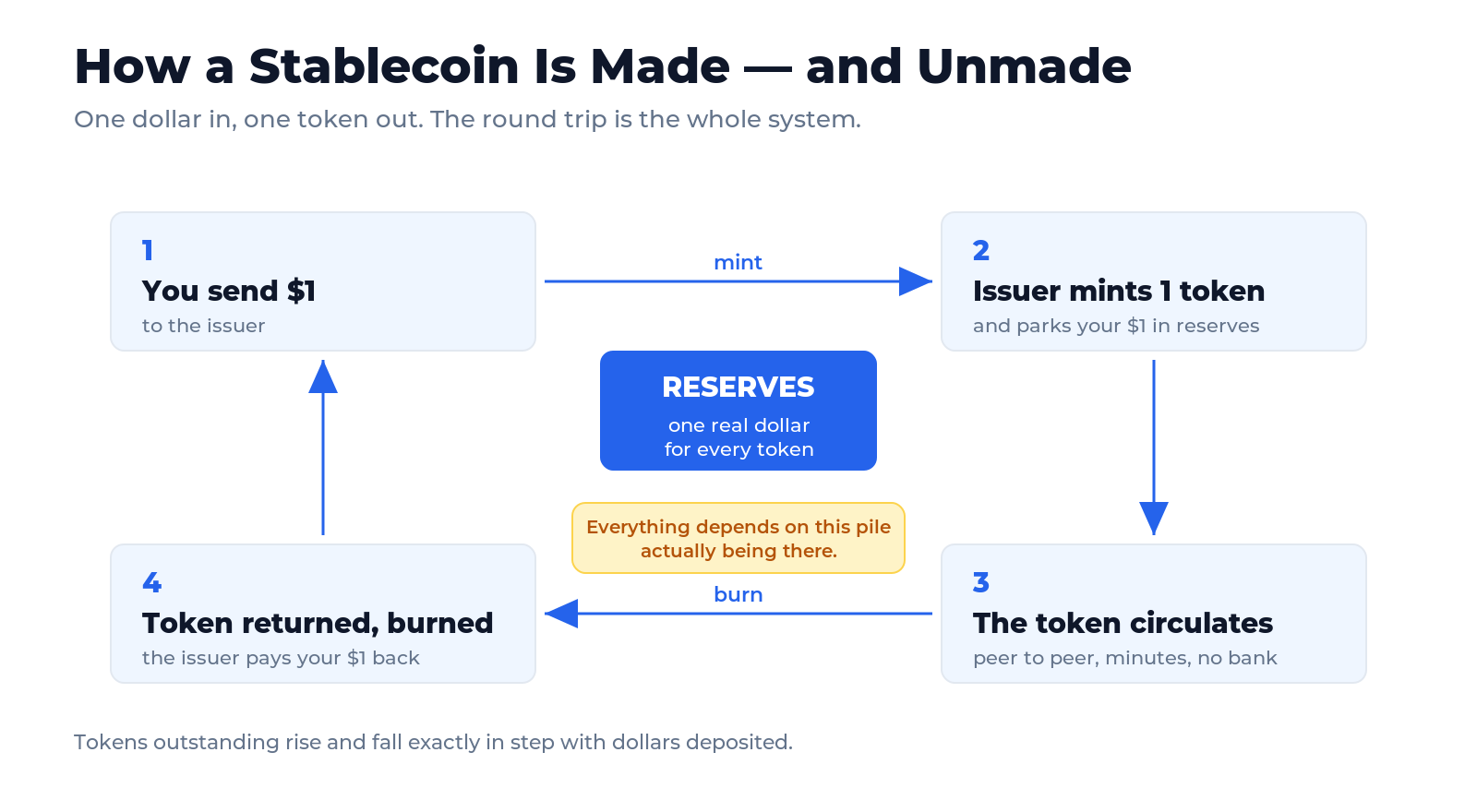 A circular diagram showing how a stablecoin is created and destroyed: a customer sends one dollar to the issuer, the issuer mints one token and holds the dollar in reserves, the token circulates on a blockchain, and on redemption the token is returned and burned while the dollar is paid back out.
