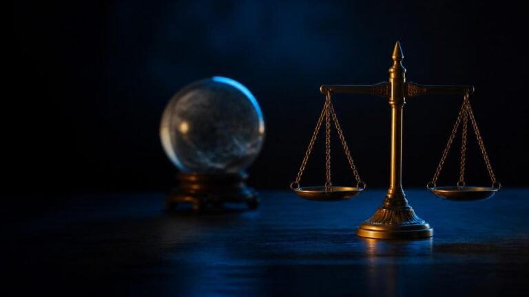 A clouded crystal ball in shadow beside a lit, perfectly level brass balance scale on a dark desk.